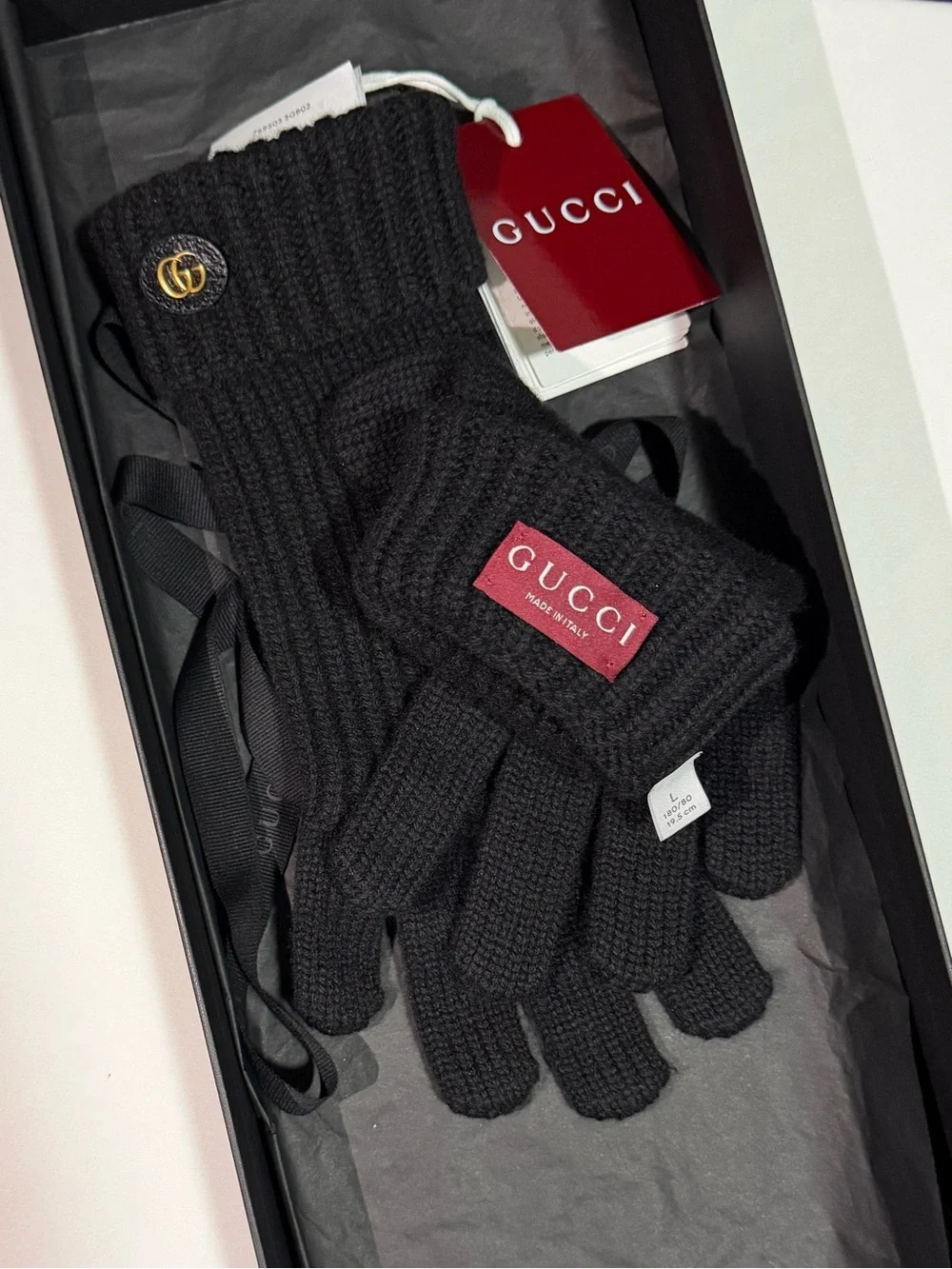 NWT Gucci Wool Cashmere Double G Gloves, in size L